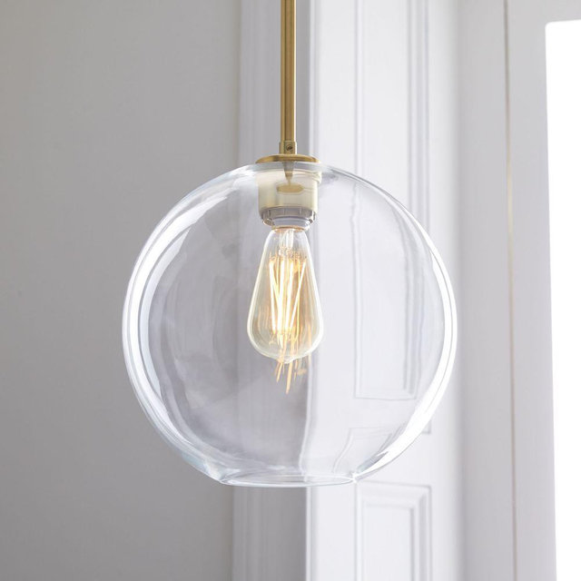 Sculptural Glass Globe Plug-In Pendant, 11", Clear Shade, Brass Canopy