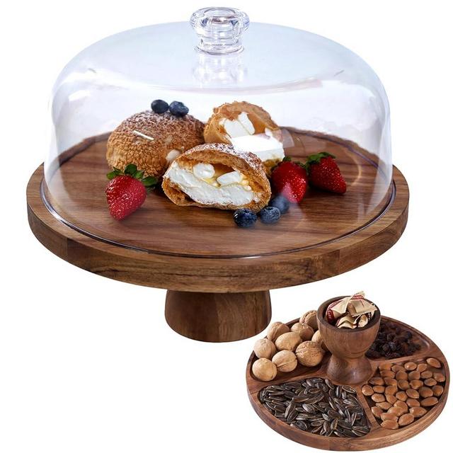 Cake Stand with Lid, Multi-Functional 12in Round Cake Holder, Acacia Wood 2-in-1 Dessert Table Display Set, Charcuterie Board for Cheese ,Fruit Platter, Large Acrylic Cake Dome Cover