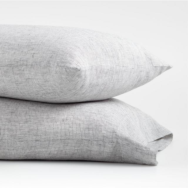 Ink Black Grid Natural Hemp Fiber King Pillowcases, Set of 2