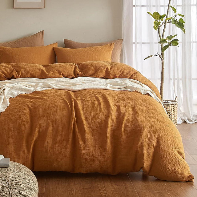 SE SOFTEXLY Muslin Duvet Cover King Size, 100% Washed Cotton Duvet Cover Set, Ultra Soft Comforter Cover Linen Like, 3 Pieces Minimalist Gauze Duvet Cover with 2 Pillowcases, 90"x104", Pumpkin
