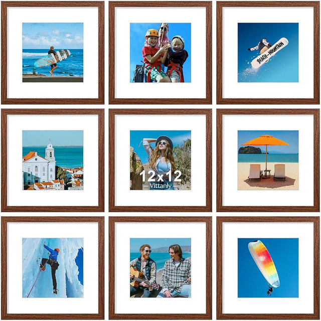 Vittanly 12x12 Picture Frames Set of 9, Display 8x8 Pictures with Mat or 12x12 without Mat, Photo Frames for Wall Mount, Engineered Wood, Wood Grain Brown