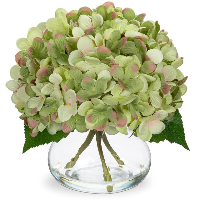 Hollyone Hydrangea Artificial Flowers with Glass Vase Dark Green Silk Faux Flowers Arrangements in Vase with Faux Water Fake Floral Bulk Bouquet for Home Decor Table Centerpiece Decorations
