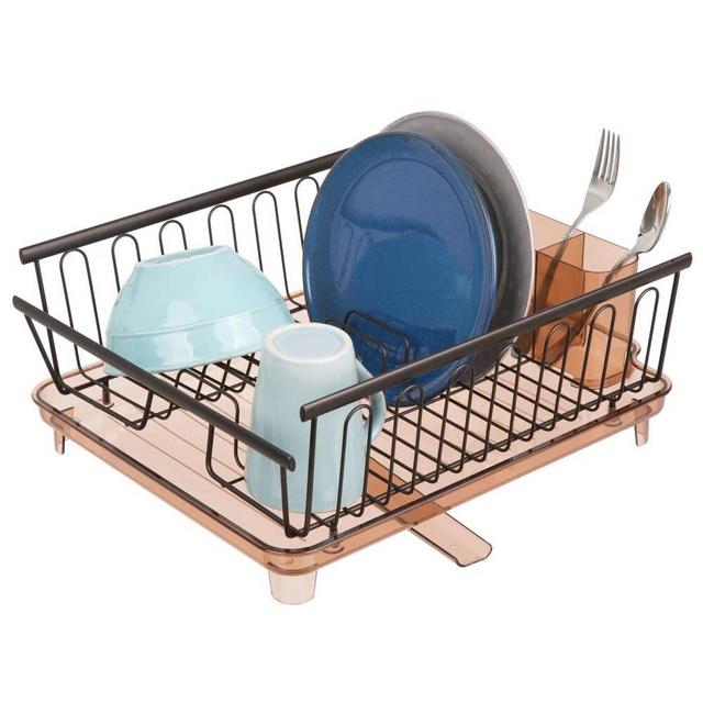 mDesign Large Modern Kitchen Countertop, Sink Dish Drying Rack - Removable Cutlery Tray and Drainboard with Adjustable Swivel Spout - 3 Pieces, Bronze/Brown Cutlery Caddy and Drainboard