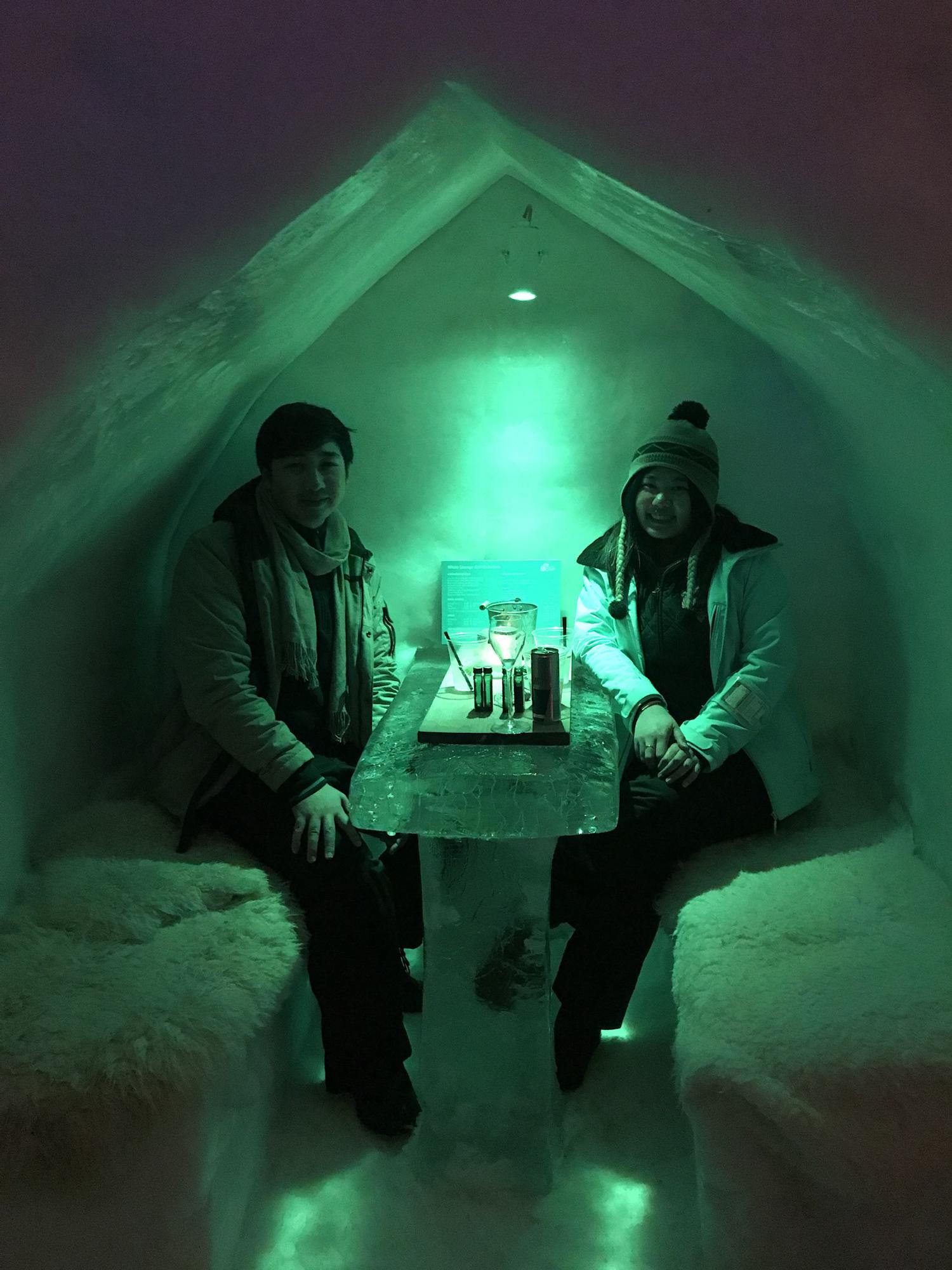 Keeping warm in an Ice Bar while skiing/snowboarding in the Austrian Alps in 2019.