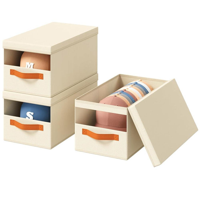 Homsorout Hat Organizer for Baseball Caps - 3 Pack Stackable Foldable Protective Lids Hat Storage Box with Clear Window Baseball cap organizer for Closet, Bedroom, Rv, Beige
