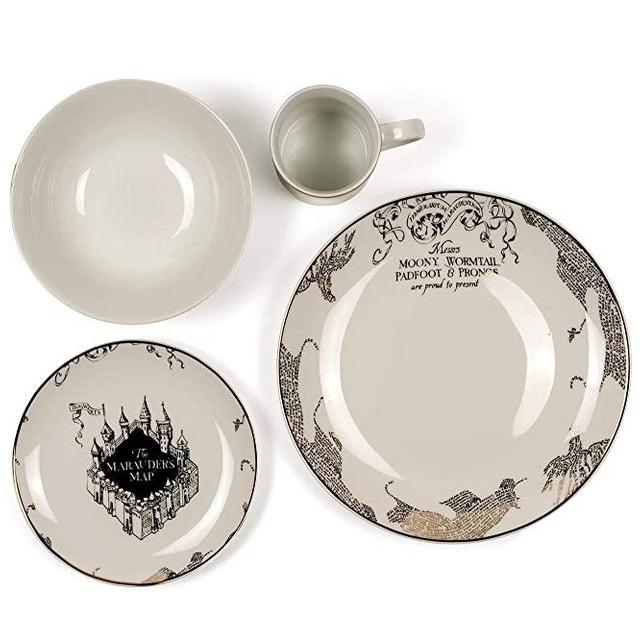 Harry Potter Marauder's Map Porcelain 4 Piece Place Setting - Includes 1 Dinner Plate, 1 Salad Plate, 1 Bowl and 1 Mug - Gold Marauders Map Design