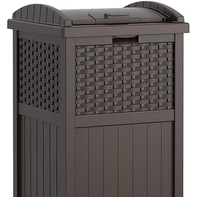 Suncast 33 Gallon Outdoor Trashcan Hideaway with Lid for 30 to 33 Gallon Trash Bags for Garage, Backyard, or Garden, Brown