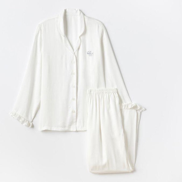 Ruffle Sateen Long Pajamas