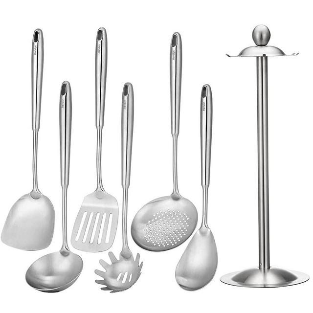 304 Stainless Steel Kitchen Utensils Set, 7 Pcs All Metal Professional Cooking Tools with Rotating Stand, Solid Spoon, Wok Spatula, Slotted Spatula, Soup Ladle, Skimmer Spoon, Spaghetti Server