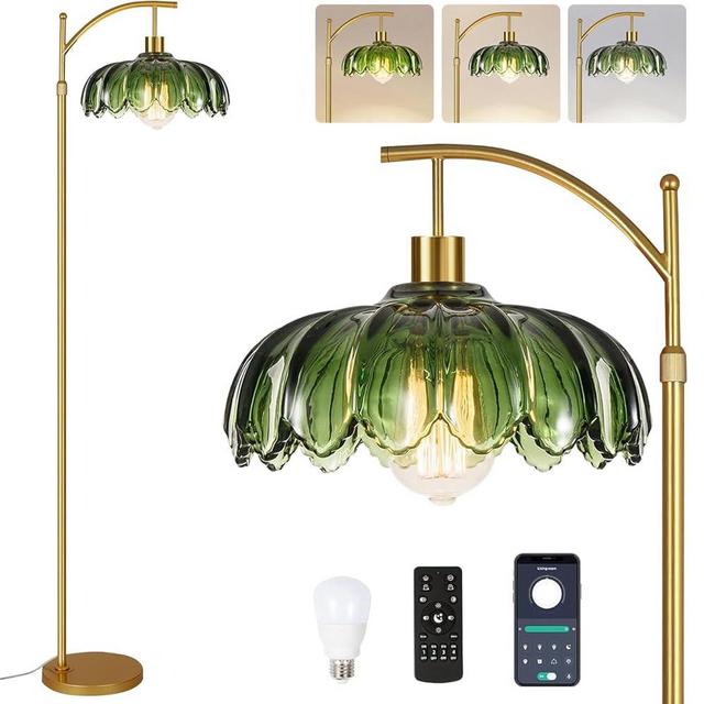 QIYIZM Gold Floor Lamp for Living Room,Bedroom,Mid Century Modern Standing Lamp with Remote,Dimmable Brass Tall Lamp Green Glass Lamp Vintage Retro Arc Floor Lamps Flower Floor Light Boho Bohemian