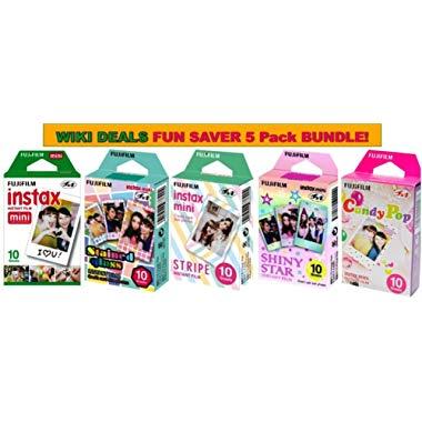 Fujifilm Instax Mini Instant Film Bundle, Candy Pop, Stained Glass, Stripe, Shiny Star, Single Pack, 50 Sheets