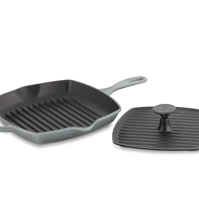 Le Creuset Signature Cast-Iron Square Grill Pan & Press Set, 10", Ocean