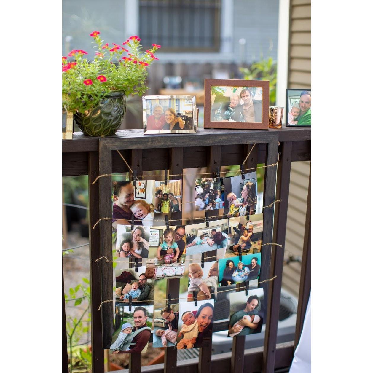 The backyard was decorated with family photos, with each side of the deck representing each person's family and friends