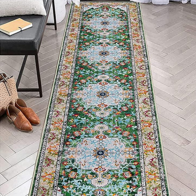 U'Artlines Boho Hallway Runner Rug 2' x 10' Vintage Farmhouse Laundry Rug Runner Accent Area Rug Carpet Non Slip Washable Kitchen Floor mat Entryway Runner Mat Throw Rug for Living Room (Green)