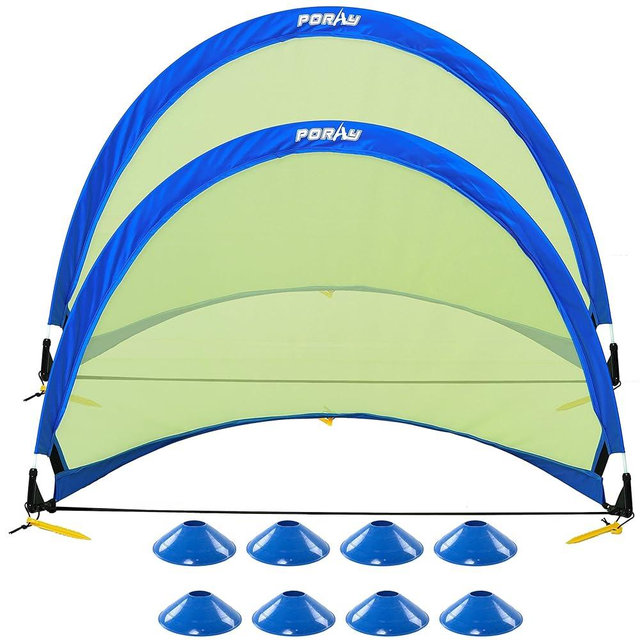Poray Soccer Goal for Kid Easy-up Set of Two Portable Soccer Net 210D Oxford with 8 Field Marker Cones Extra Stakes Fun for Backyard and Soccer Training