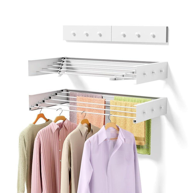 ZMBESUP 【Upgrade】 Laundry Drying Rack, 31.5" Drying Rack Clothing Wall Mounted,Foldable, 5 Aluminum Rods with 6 Hooks, Space-Saving White Collapsible Drying Racks Hanger for Laundry Bathroom