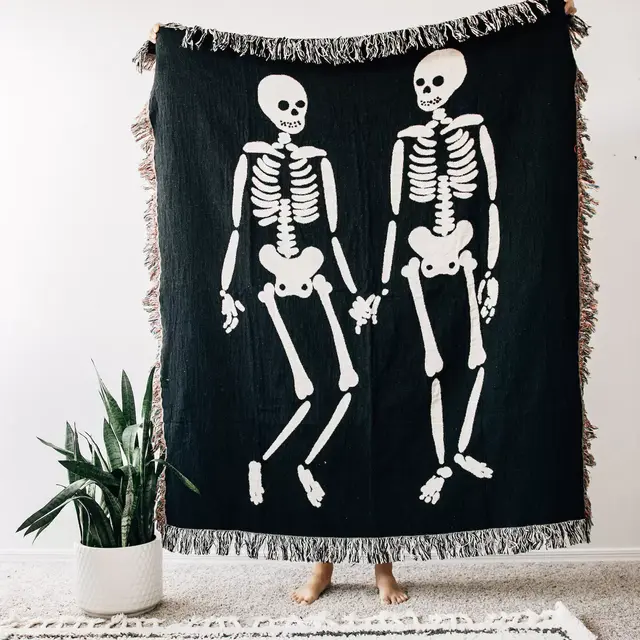 Skeleton Love Woven Throw Blanket: Black & Off White, Halloween and Goth Decor