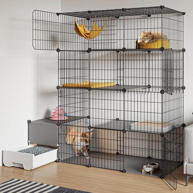 Oneluck Cat Cage with Litter Box,4-Tier DIY Cat Enclosures Large Playpen Detachable Metal Wire Kennel Indoor Crate Large Exercise Place Ideal for 1-2 Cat