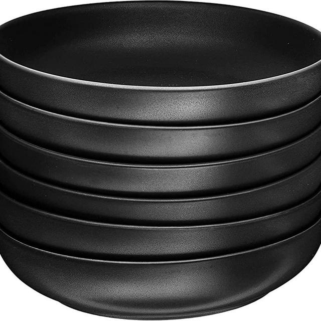 Bruntmor Ceramic Salad, Cereal And Pasta Bowls Set Of 6, Shallow Dinner Bowls That Are Oven, Microwave Oven And Dishwasher Safe, Chip And Scratch Resistant, 24 oz Each (Matte Black)