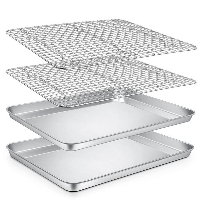 PP CHEF Baking Sheets and Racks Set (2 Pans + 2 Racks), Stainless Steel Baking Sheet Oven Tray and Cooling Grid Rack for Cookies Meats, Size 16 x 12 x 1 Inch, Oven Dishwasher Safe