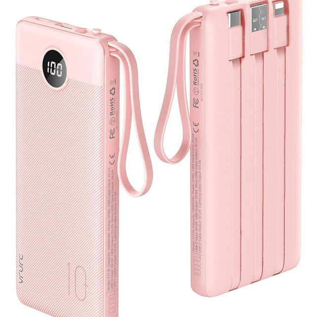 VRURC Portable Charger Power Bank, 10000mAh Travel Essentials Battery Pack, 5 Outputs 2 Inputs Slim Charging Bank Built-in Cables Cords Wires Compatible with iPhone,Samsung,Android-Pink(1 Pack)