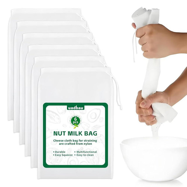 uadbau 6 Pcs Nut Milk Bag 12 x 8 Inch Yogurt Strainer 200 Mesh Cheese Cloth Bag for Straining Reusable Fine Mesh Strainer for Filtering Yogurt Juice Coffee Tofu Tea Cheese