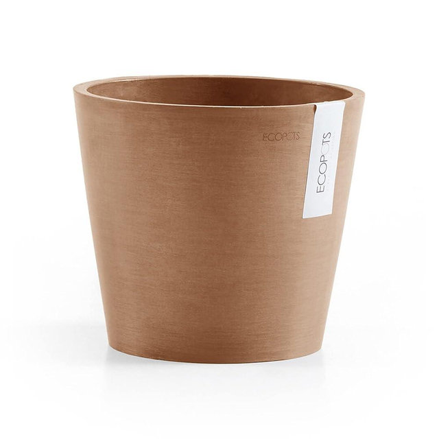 Ecopots Amsterdam Durable Modern Round Indoor/Outdoor Recycled-Based Composite Flower Pot Planter w/Water Reservoir, Terracotta Color, 8"
