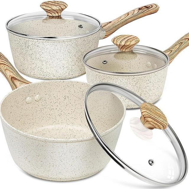 MICHELANGELO Sauce Pan with Lid, Nonstick Saucepans 1.5QT&2QT&3QT, Granite Sauce Pan 3 Piece, Stone Saucepan Set, Small Pot with Lid, Nonstick Sauce Pot Set, White
