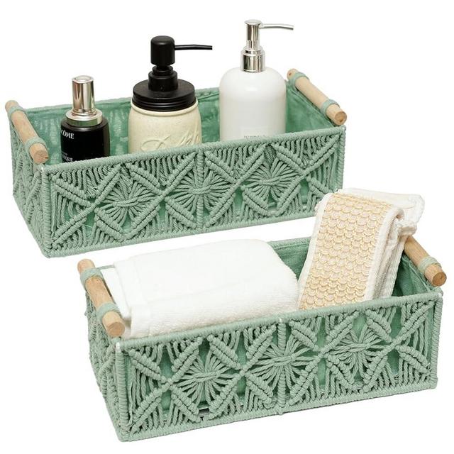 Macrame Boho Decor Baskets for Organizing Woven Decorative Basket for Countertop Toilet Paper Basket for Tank Top for Home Decor Bedroom Nursery Livingroom Entryway (Set of 2,Green)