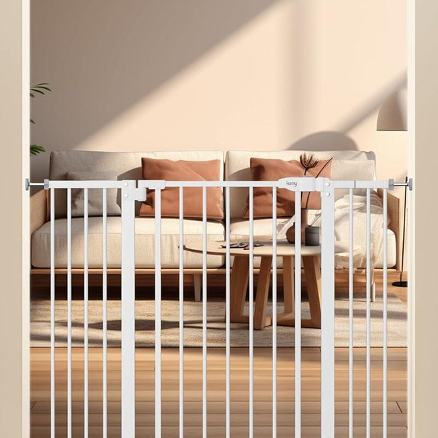 keny 29"-42.5" Baby Gate for Stairs, Auto Close Safety Dog Gate, Pressure Mounted Easy Walk Through Pet Gate for Doorways, Durable Stair Gate, 30" Tall, White