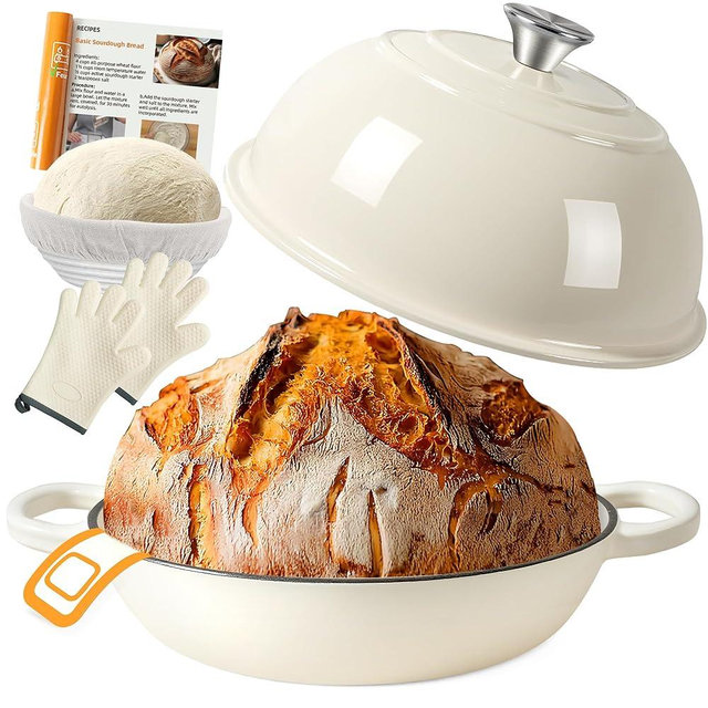 AHJ 6QT Dutch Oven For Bread Baking, Enameled Cast Iron Dutch Oven Pot with Lid, Multi-Functional Bread pan, Sourdough Baking Supplies with Proofing Basket, Cast Iron Bread Oven, Silicone Sling & Gloves.