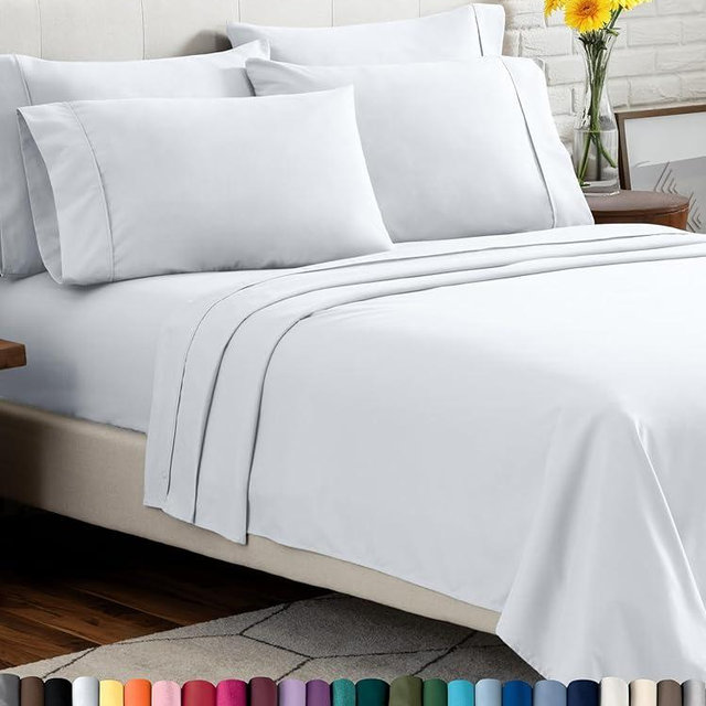 Bare Home Hotel Luxury Full XL Sheet Set, Extra Soft - 6 Piece Set - Deep Pockets - Easy Fit - Cooling & Breathable - Wrinkle, Fade, Stain Resistant - Includes 4 Pillowcases (Full XL, White)