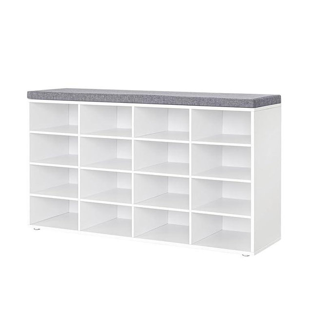 DINZI LVJ Shoe Storage Bench with Cushion, 16-Cubby Shoe Rack, Adjustable Shelves, Multifunctional Shoe Organizer Bench for Entryway, Mudroom, Hallway, Living Room, Bedroom and Garage, White