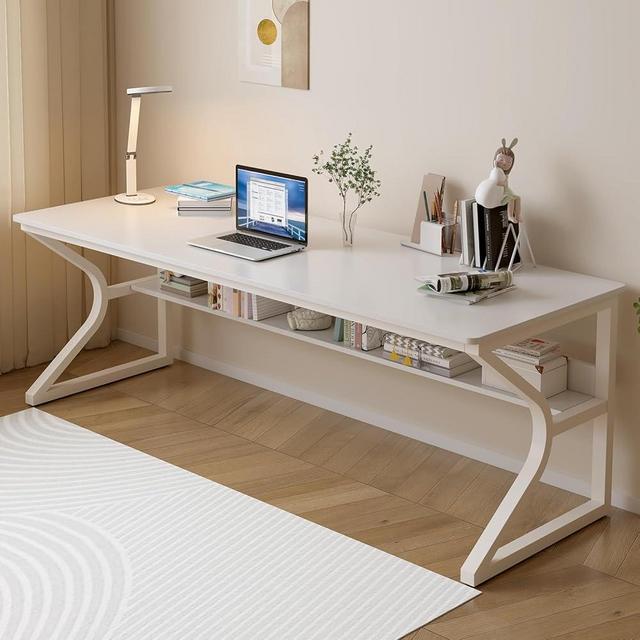 OSCHF Extra Long Desk with Bookshelf - 71" Double Long Writing Table for 2-Person Workstation, Modern Study Work Computer Desk for Home and Office, Warm White