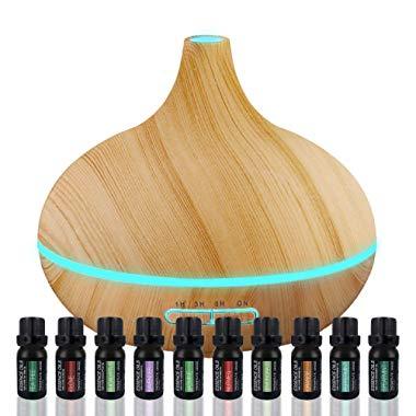 Ultimate Aromatherapy Diffuser & Essential Oil Set - Ultrasonic Diffuser & Top 10 Essential Oils - 300ml Diffuser with 4 Timer & 7 Ambient Light Settings - Therapeutic Grade Essential Oils - Lavender