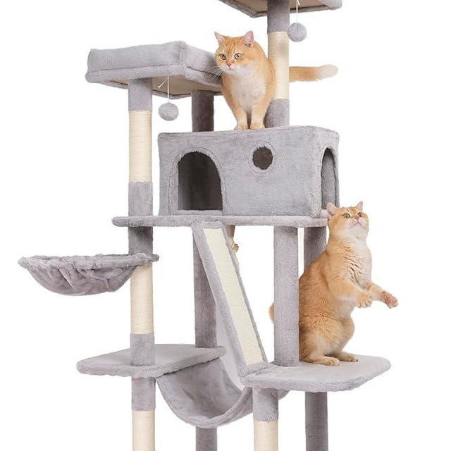 Ouritsu Cat Tree, 61.34" Tall Cat Tower for Large Cat Indoor, Two Top Perches One Widened, Extra Large Condo with Side Door, Scratching Post and ramp, Hammock, Fluffy Basket, Light Gray, LF002GA