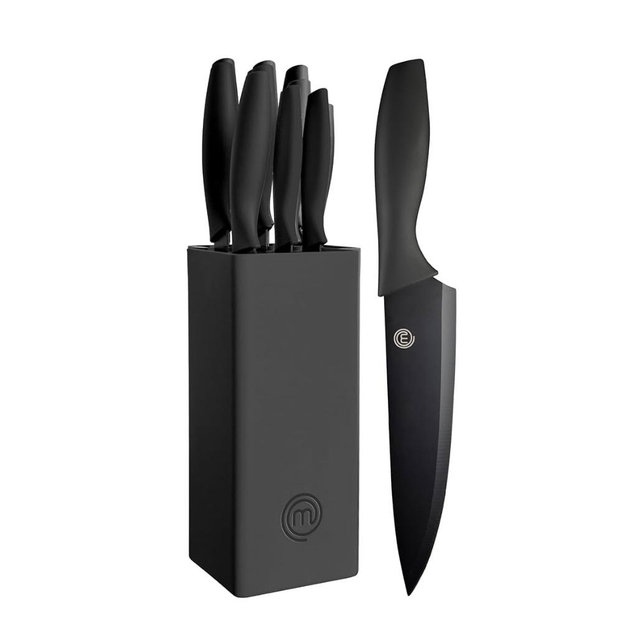 MasterChef Knife Set with Block, 6 Kitchen Knives and a Universal Knife Holder, Extra Sharp Stainless Steel Blades for Precise Cutting with Non Stick Coating & Soft Touch Easy Grip Handles, Black