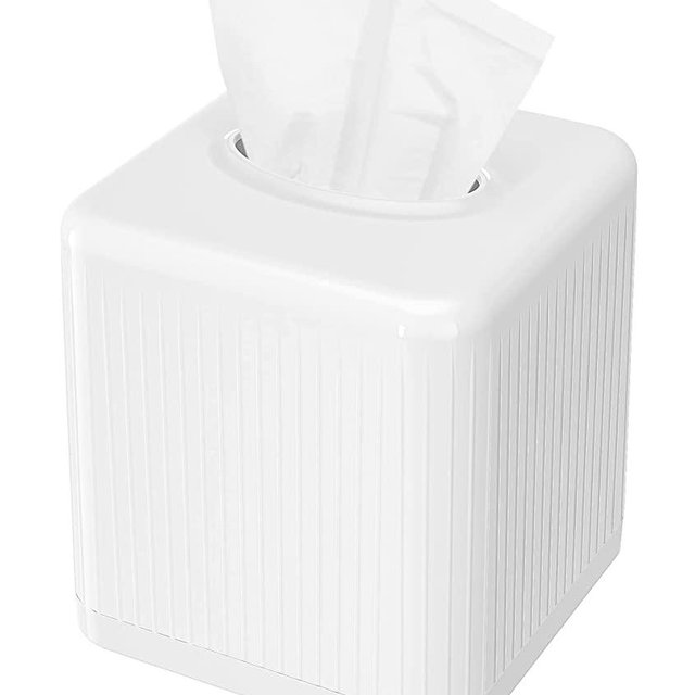 Livelab Tissue Box Cover with Base, Square Plastic Tissue Box Holder Decorative Tissue Cover Modern Cube Facial Tissue Dispenser for Bathroom Vanity Countertop, Living Room, Bedroom, Office - White