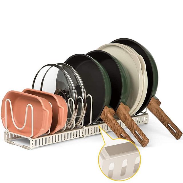 BTH 12+ Expandable Pan & Pot Lid Organizer Rack : Total 12 Adjustable Compartments, Store All Shapes of Lid Handles Securely, Kitchen Cabinet Countertop (White Sand)