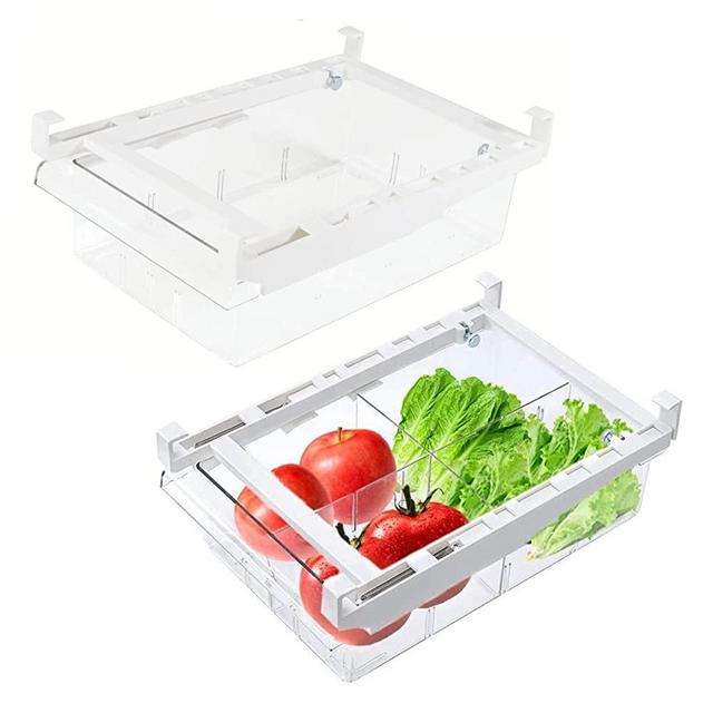 YekouMax Fridge Drawer Organizer, Refrigerator Organizer Bins, Pull Out with Handle, Fridge Shelf Holder Storage Box, Clear Container for Food,Drinks,Fit for Fridge Shelf Under 0.6" (2 PACK,2 Divider)