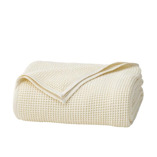 BOLL & BRANCH Waffle Bed Blanket - King/Cal King, Cream - Luxury 100% Organic Cotton - Soft, Lightweight and Breathable - Textured Waffle Weave