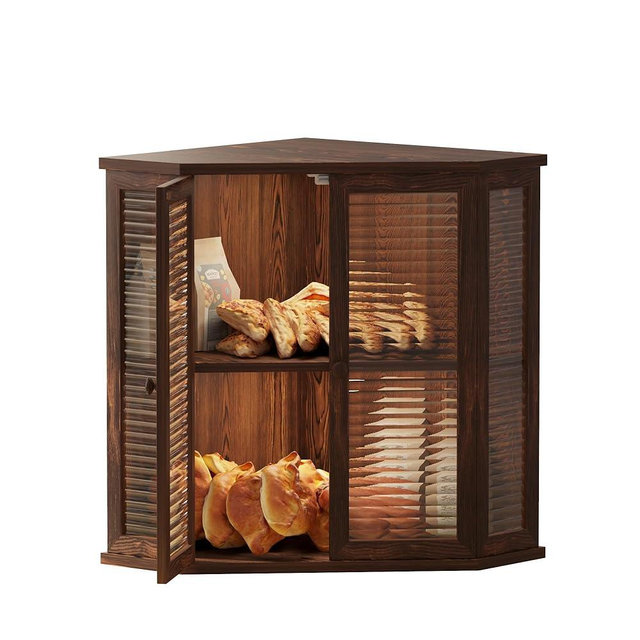 Aycarzcy Corner bread box Bread Box for Kitchen Countertop - Corner Bread Storage Box 16.5" H, Premium Pine Wood with Glass Door, Perfect for Homemade Bread, Baguettes & Pastries(Brown)