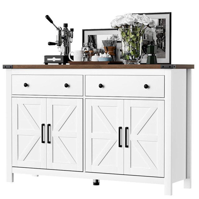 VVFLU 55" Modern Farmhouse Buffet Cabinet with Storage, Coffee Bar Cabinet with 2 Drawers and 4 Barn Doors, Sideboard Storage Cabinet for Kitchen, Dining Room, Living Room, White Wood