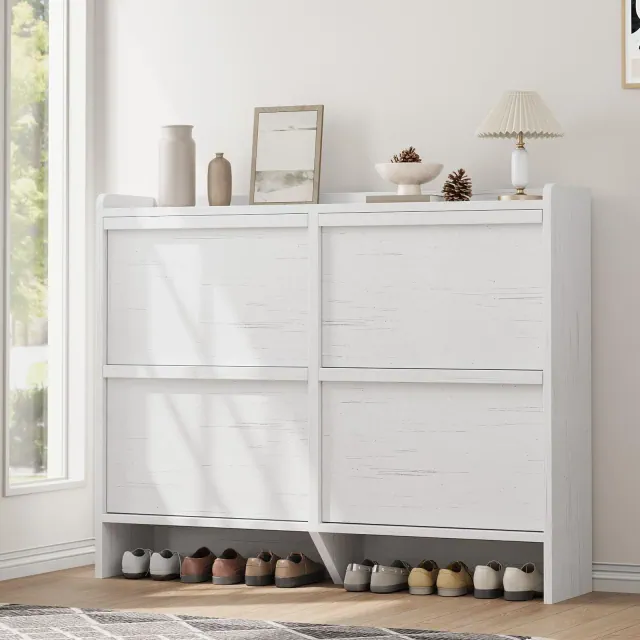 Adjustable Wooden Shoe Organizer Cabinet with 4 Flip Drawers, Shoe Storage for Entryway, Hallway, Living Room, White