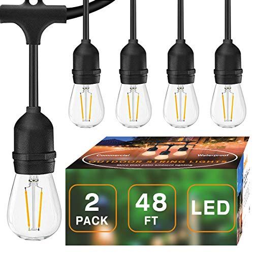Banord 2 Pack LED 48FT Outdoor String Light, Commercial Grade Heavy Duty Light String with 15 x E26 Socket, 36 x 2W Dimmable S14 Bulb String Lighting, Waterproof Vintage Patio Hanging Light