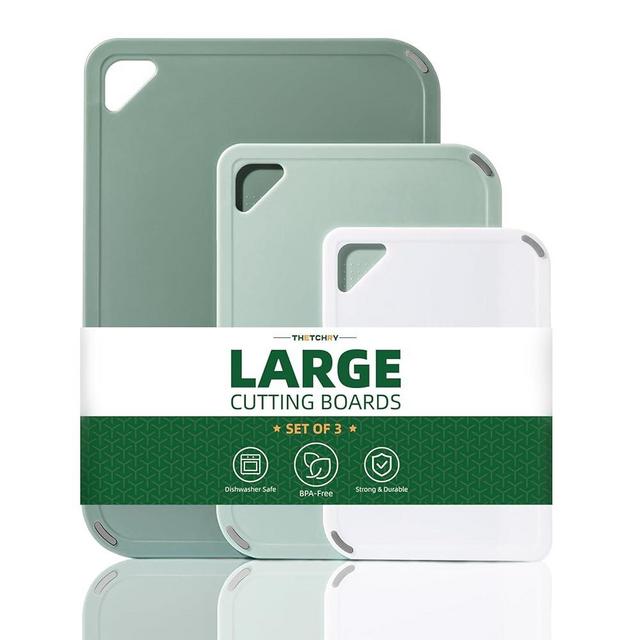 THETCHRY Cutting Boards for Kitchen, Plastic Cutting board Set of 3 with Non-Slip Rubber Feet, Plastic Chopping Boards Dishwasher Safe, Large Cutting Board Reversible Easy Grip Handle, BPA Free, Green