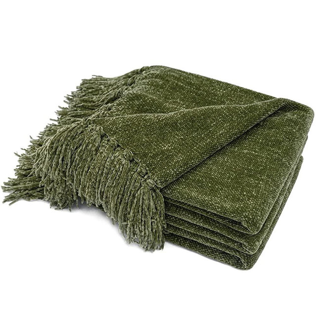 RECYCO Throw Blanket Soft Cozy Chenille Throw Blanket with Fringe Tassel for Couch Sofa Chair Bed Living Room Gift (Loden Green, 60'' x 80'')