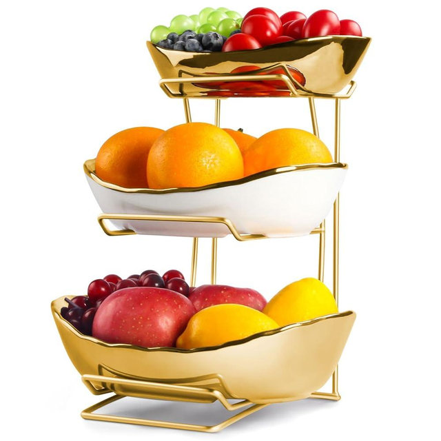 YUNLINLI Fruit Bowl for Kitchen Counter, 3 Tier Fruit Basket for Counter, Ceramic Fruit Holder, Tiered Fruit Stand with Metal Stand, Detachable Rack for Fruit Vegetable Snack Dessert Storage (Gold)