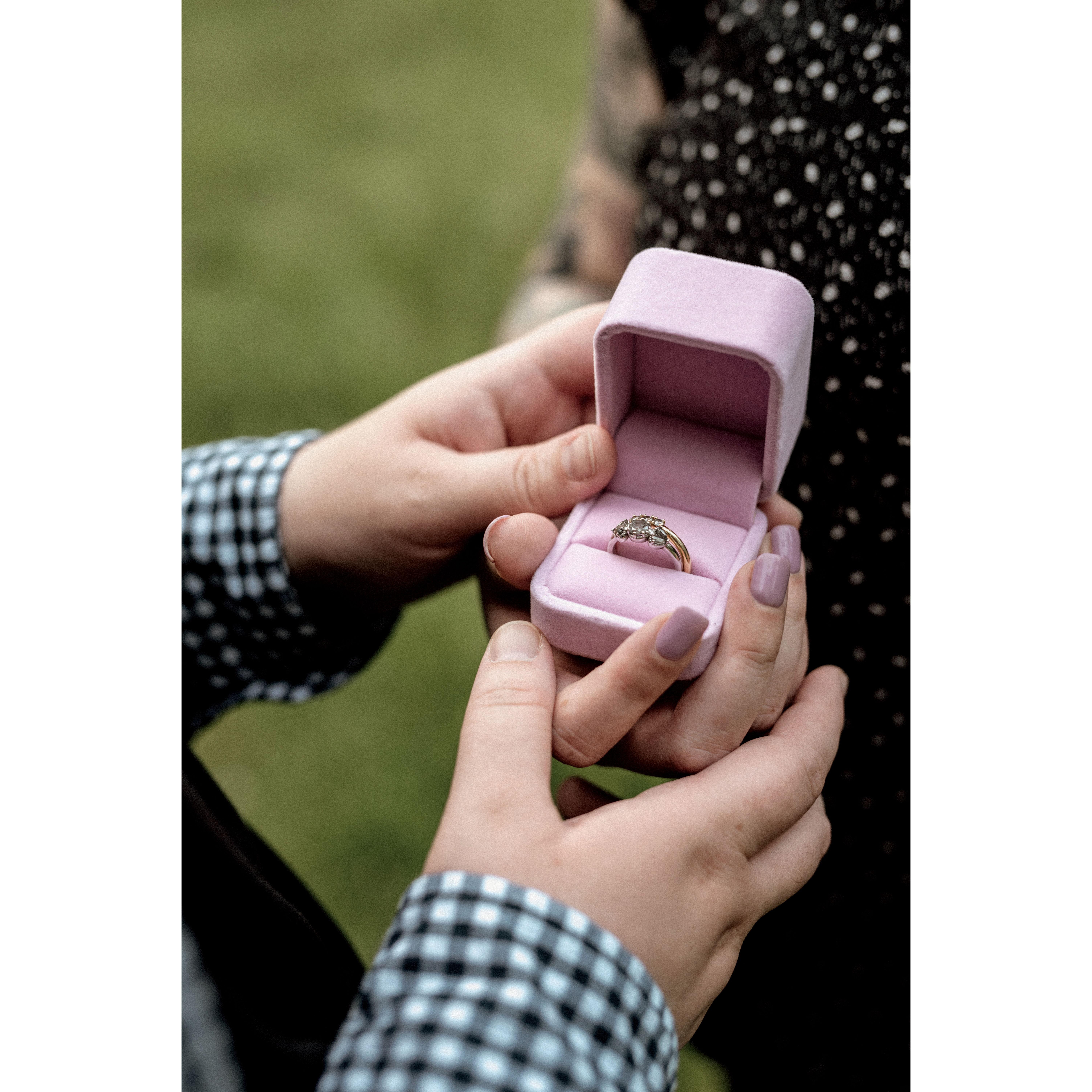 We found Ashleigh's ring at our favorite Philadelphian jeweler, Souvenir Jewelry, and worked with them to design Max's ring. Both rings have matching salt and pepper diamonds.