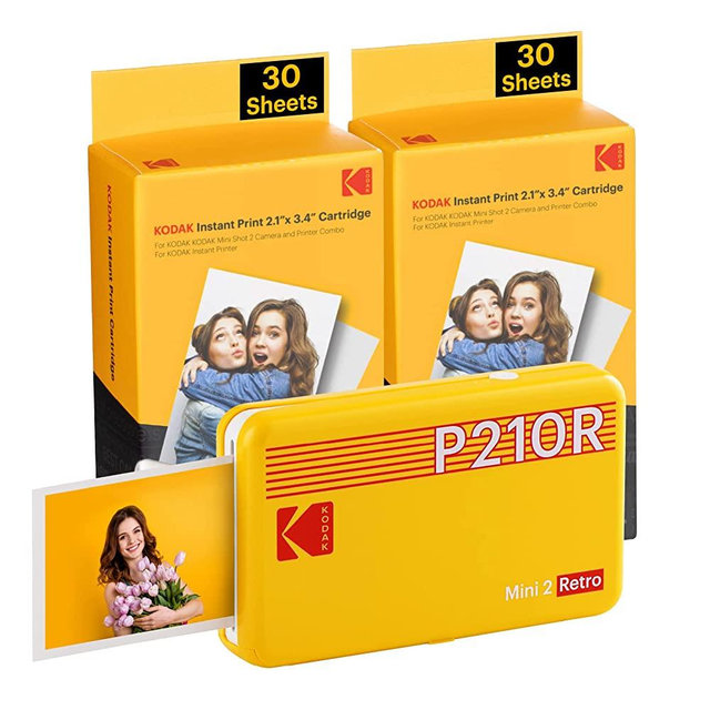 KODAK Mini 2 Retro 4PASS Portable Photo Printer (2.1x3.4) + 68 Sheets Bundle, Yellow